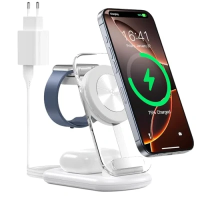 Image de Station de Charge sans Fil 3 en 1 pour Mag Safe, Chargeur magnétique Pliable et réglable, Support Voyage Safe avec lumière iPhone 16/15/14, AirPods, Apple Watch, Blanc