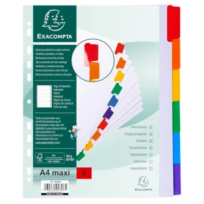 Image de Exacompta Réf. 4306E Carton de 20 Intercalaires en carte blanche 160g/m2 FSC® avec 6 onglets neutres couleurs renforcés et plastifiés Page d&#039;indexation imprimable Format à classer A4 maxi