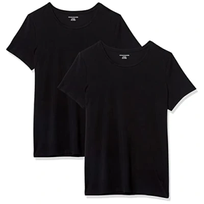 Image de Amazon Essentials T Shirt Col Rond à Manches Courtes Coupe Classique Femme, Lot de 2, Noir, S
