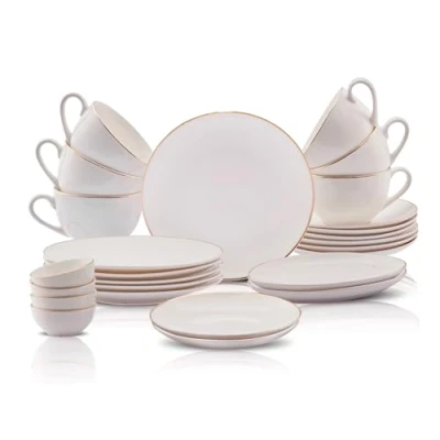 Image de Karaca Marcelo Gold service de petit déjeuner pour 6 personnes 26 pièces vaisselle avec assiettes et bols Set, New Generation Bone, set rond &amp; table or blanc