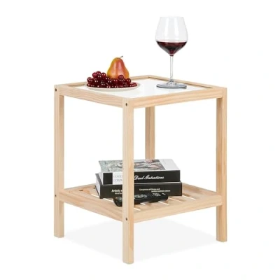 Image de Relaxdays Table d’appoint carrée, 2 niveaux, bois et verre, H x L P : 50 40 cm, pour le salon, nature