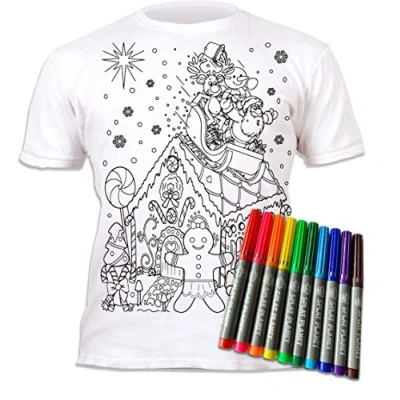 Image de Splat Planet Tee shirt de Noël en pain d&#039;épice à colorier avec 10 stylos coloriage magiques non toxiques lavables T et lavable (9 11 ans) Blanc