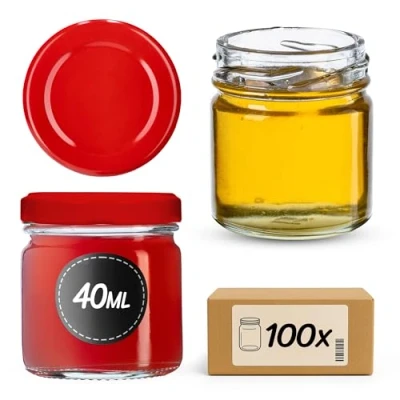 Image de KADAX Weck Lot de 100 mini bocaux en verre ronds avec Couvercle à visser 40 ml Pour dégustation, confiture, miel rouge
