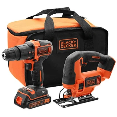 Image de BLACK+DECKER BCK22S1S QW Kit Perceuse à percussion et Scie sauteuse sans fil Livré en sac de rangement, 18V, 1 Batteries Orange