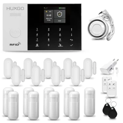 Image de HUXGO® HXA005 Alarme Maison sans Fil WiFi + GSM avec Sirène Système d&#039;alarme Domestique 9X détecteurs de Mouvement, capteurs Porte TUYA App.