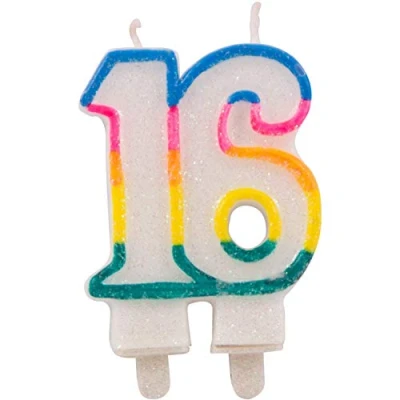 Image de Folat Bougies à Paillettes 16 Ans avec 2 Supports, Cire, Multicolore, Birthday Glitter Candles