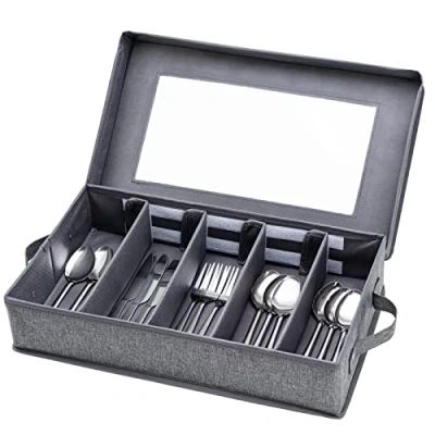 Image de boîte de rangement pour argenterie, couverts, porte ustensiles avec couvercle amovible et séparateurs réglables organiser les ustensiles, couteaux, grande