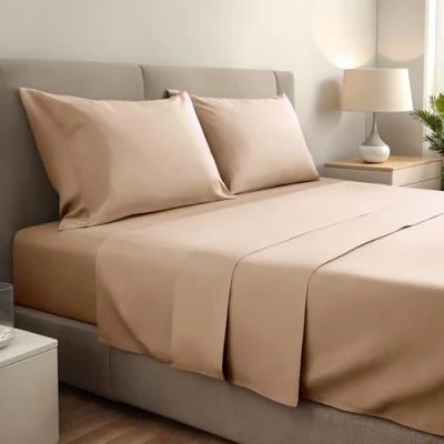 Image de gobedreams Ensemble de draps 4 Pièces 135x190/200, lit en Microfibre Polyester brossée. Drap Plat, Housse Ajustable et 2 taies d&#039;oreiller. Couleur Beige