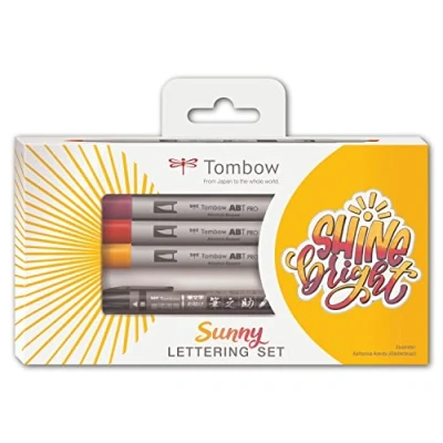 Image de Tombow LS ABTP, Set Sunny lettering pour des letterings aux couleurs vives, 3 marqueurs à alcool ABT PRO &amp; 1 Fudenosuke twin + instructions, débuter dans le avec