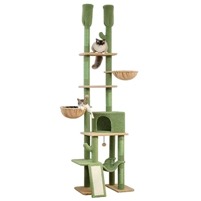 Image de PETEPELA Arbre à Chat Cactus du Sol au Plafond, a Géant 5 Niveaux avec Hamac Douillet, Plateformes, Niche, Griffoir pour et Pompons Suspendues, Ajustable 216 285 cm, Vert