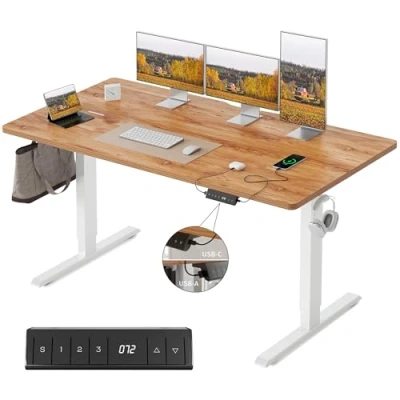 Image de FEZIBO Bureau électrique réglable en Hauteur 140 x 60 cm Debout avec Commande à mémoire de Forme Marron Clair