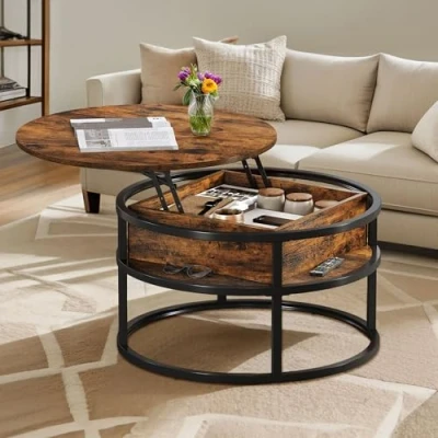 Image de DWVO Table Basse Ronde pour Le Salon, avec Plateau relevable et Compartiment caché, Moderne, Petite