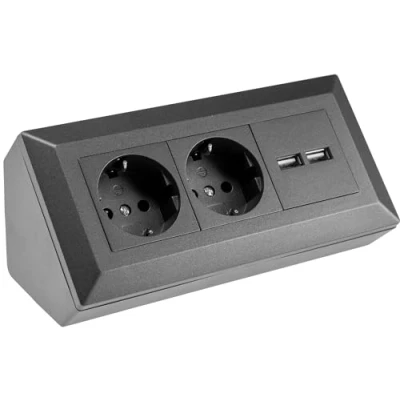 Image de ChiliTec Bloc multiprise d&#039;angle 2 prises USB A 3,1 pour cuisine, bureau, construction, montage encastré, anthracite