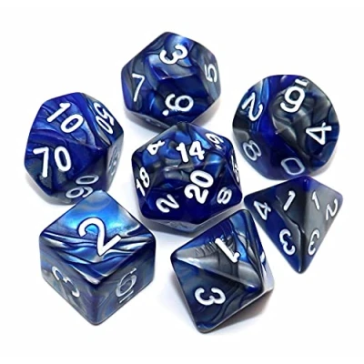 Image de CREEBUY Lot de 7 dés polyédriques pour Jeux rôle Dungeon and Dragons MTG D20 D12 D10 D8 D6 D4 Bleu avec Argent