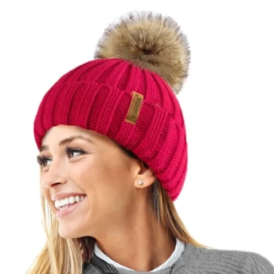 Image de TOSKATOK® Femmes Hiver Rib Bonnet/Beanie avec Chunky détachable en Fausse Fourrure Bobble Pom Taille Unique Red