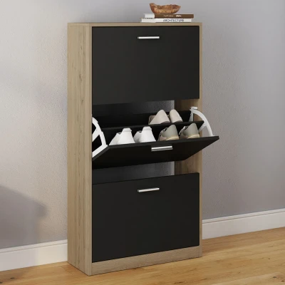 Image de Étagère à chaussures imitation hêtre et portes noires