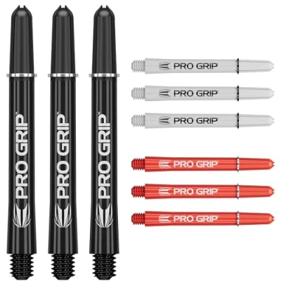 Image de Target Darts Pro Grip Shafts Set of 9 3 Colours, Black/White/Red Moyenne, 48mm Dart Stems, Accessoires de fléchettes Professionnels, 2BA Shaft Multipack avec Anneaux