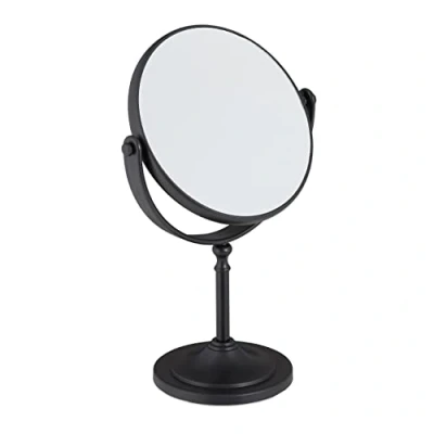 Image de Relaxdays Miroir cosmétique grossissant 2X, sur Pied, Deux Faces, pivotant à 360, Rond, HxLxP 27,5 x 18 10,5 cm, Noir