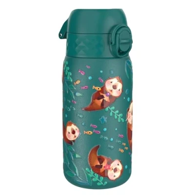 Image de Ion8 Gourde Enfant Inox 400ml, Anti Fuite, Facile à Ouvrir, Verrouillage Sécurisé, Lavable au Lave Vaisselle, Poignée de Transport, Nettoyer, Durable, Acier Inoxydable, Motif Loutres