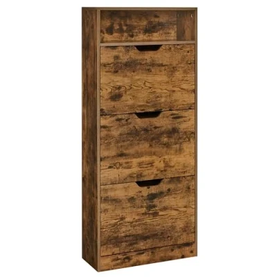 Image de VASAGLE Meuble à Chaussures 3 Portes Battantes, Étagère Chaussures, Compartiment Ouvert, Séparateur Réglable, 14 18 Paires, pour Petite Entrée, 24 x 60 139 cm, Marron Rustique LBC046B01