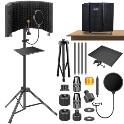 Image de Dmsky bouclier d&#039;isolation de microphone avec filtre anti pop et trépied, micro pliable triple isolation sonore, sonore haute densité pour studio d&#039;enregistrement, balados,