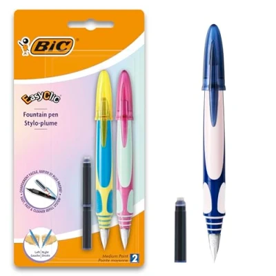 Image de BIC EasyClic Stylos Plume Rechargeables Décor sans choix possible Blister de 2 + Petites Cartouches d&#039;Encre Bleue