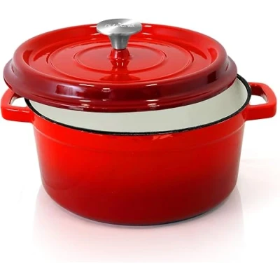Image de Nutrichef Cocotte en Fonte Émaillée de 5 Litres Ustensiles Cuisson pour Cuisinière Marmite Induction avec Couvercle Auto Basculant Rouge
