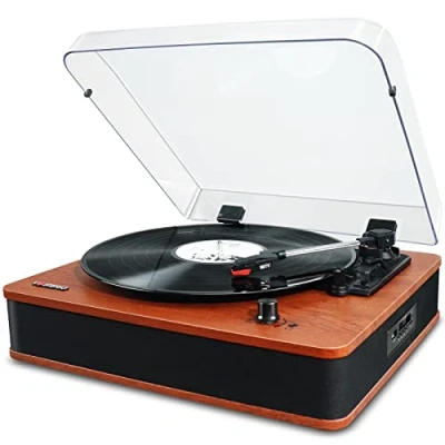 Image de VOSTERIO Platine Vinyle Tourne Disque Bluetooth avec Haut parleurs Stéréo, Rétro Lecteur Vinyles à 3 Vitesses, Encodage sur USB et SD, Radio FM, Entrée AUX, RCA, Affichage LED