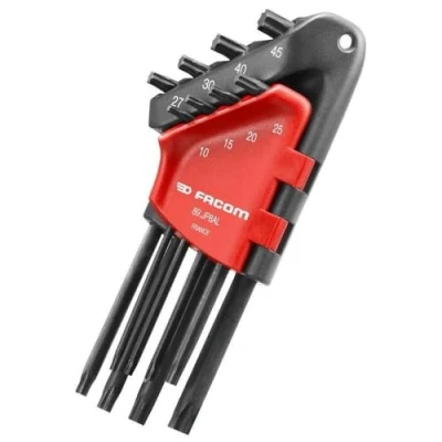 Image de FACOM Jeu de 8 Clés Allen Mâles Coudées Torx et Resistorx 89.JP6AL Longues avec Tête Sphériques T10 à T40 Étui Compact Professionnel Matériau Durable Qualité Outillage Main