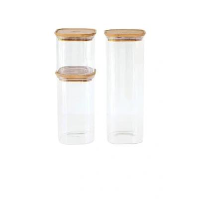 Image de Pebbly Set de 3 boîtes carrées en verre avec couvercle bambou formats Empilables, parfaites pour conserver ses aliments secs, céréales, amandes…
