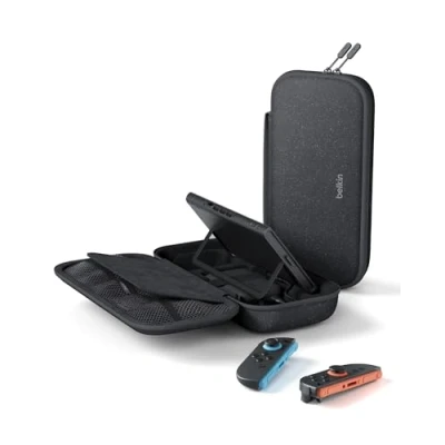 Image de Belkin Gaming Pochette de rangement avec batterie externe 10 000 mAh pour Nintendo Switch 2 (écran LCD, recharge rapide 30 W Switch, compartiments AirTag et cartes jeux, gris)