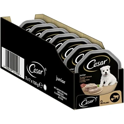 Image de Cesar Nourriture Humide Junior pour Chiots et Jeunes Chiens de Moins 1 an avec Dinde Veau en pâté, 14 Bols (14 x 150 g), 2100 g