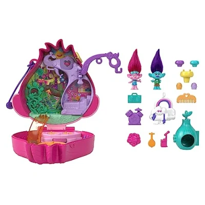 Image de Polly Pocket Trolls Coffret Maison De Poupées avec Figurines Poppy Et Branch Dreamworks, 13 Accessoires, À Collectionner, Jouet Enfant, A Partir 4 Ans, HKV39