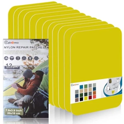 Image de Patch en nylon autocollant, Cahomo 12 Pièces 20X10 cm de réparation imperméable tissu autocollant reparation, pour veste, tentes, doudoune, sac couchage, sacs à dos Jaune