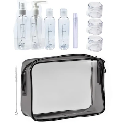 Image de Trousse de Toilette Transparente &amp; Set Flacons Vide Voyage pour Liquides(Max.100ml), 8 Bouteilles Voyage, Kit l’Avion,Set dans Bagages à Main, Sac Cosmétiques