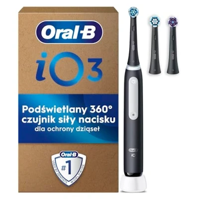 Image de Oral B iO3 Brosse À Dents Électrique Noire, Un Capteur De Pression Pour Protéger Les Gencives Et Sensibles, Des Accessoires, 3 Brossettes Douces Rechange, 1 Chargeur, Modes, Noire