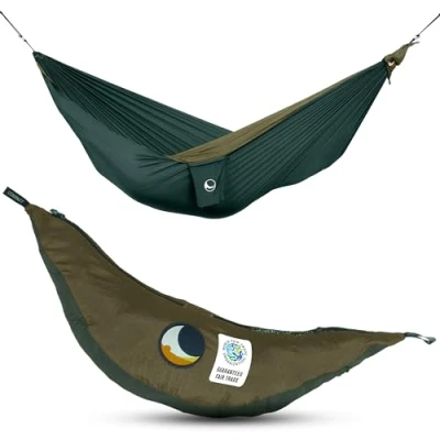 Image de Ticket to the Moon Fair Trade &amp; Artisanal 1 2 Personnes Léger Original Hamac VERT FORÊT/VERT MILITAIRE Pour Voyages, Camping, Jardin, XL 3.2*2m, 600g, Nylon En Soie De Parachute, Installation &lt; 1min