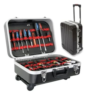 Image de Perel Mallette à outils mobile, poignée télescopique, porte outils, séparateurs amovibles, verrouillage par clé, 2 clés, ABS, noir, 461 x 335 190 mm