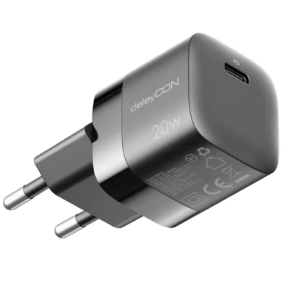 Image de deleyCON Chargeur USB C (Chargeur Rapide Compact) Alimentation pour iPhone 16, 15, Pro, Pro Max, iPad, Airpods 4, Watch, Galaxy S24/S23, Pixel, Téléphone Portable, PD 3.0 Noir