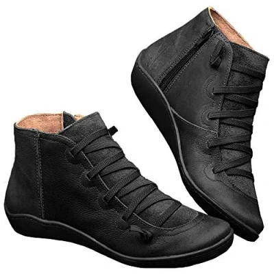 Image de Kinloy Bottines à lacets pour femme avec soutien de la voûte plantaire, talon plat, fermeture éclair latérale, imperméables, style vintage, en cuir, antidérapant, l’automne et l’hiver,