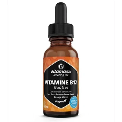 Image de Vitamine B12 Gouttes 500 mcg Vegan 50 ml Haute Dose et Absortion Methylcobalamin &amp; Adenosylcobalamin Aide à Maintenir la Santé des Neurones du Sang, Complément Alimentaire