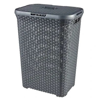 Image de CURVER Coffre à Linge Style 60L Bac Sale avec Couvercle Aspect Rotin Texturé, Bonne Aération Poignées Ergonomiques Pour Salle de Bain ou Buanderie 45 x 34 62 cm Anthracite