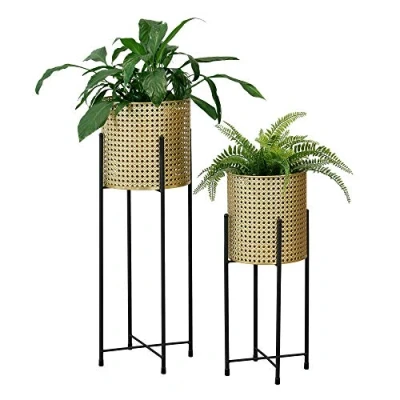 Image de [en.casa] Set de 2 Supports Plante Ensemble Cache Pot Fleur Bac à Fleurs Vase Métal Tailles Différentes Noir Doré