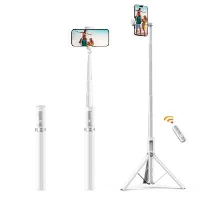 Image de ATUMTEK Perche à Selfie 157cm Trépied en Aluminium Extensible avec Télécommande Bluetooth Rechargeable Compatible iPhone, Samsung et Android Parfait pour Vidéos Photos (Blanc)