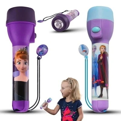 Image de SRV Hub Lot de 2 lampes poche LED la Reine des Neiges pour enfants, légères et antidérapantes en plastique lecture, le camping les urgences Portée lumineuse : 3,5 m Lampe torche