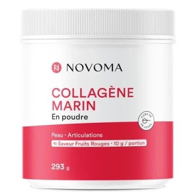 Image de NOVOMA Collagène Marin Poudre Type 1 &amp; 3, Peau Articulations, 10g par Portion, Cure de 28 jours, Breveté Naticol Avec Vitamine C, Pot 293g Saveur Fruits Rouges, Made in France