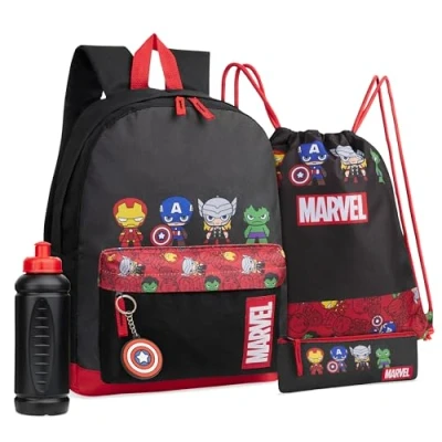 Image de Marvel Ensemble 5 Pièces avec Sac à Dos, Cordon, Trousse, Bouteille et Porte Clés (Noir/Rouge Avengers)