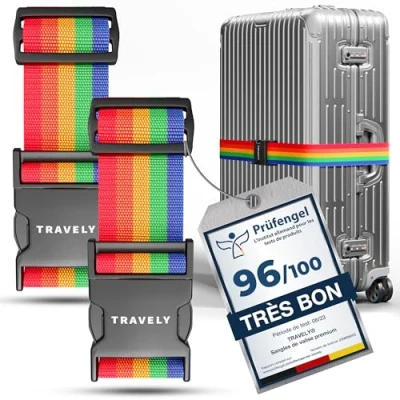 Image de Travely® Lot de 2 sangles valise qualité supérieure Particulièrement accrocheuses et sûres Avec étiquettes nominatives Sangle idéale sur une croix Multicolore