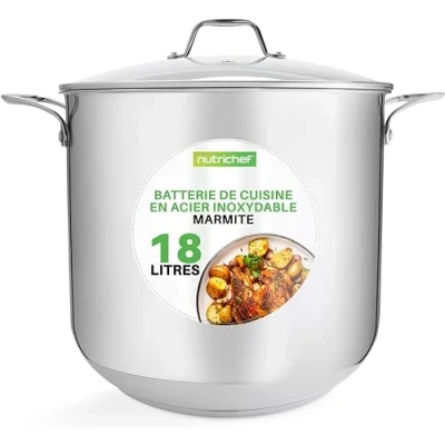 Image de NutriChef Marmite Faitout Inox de 18 Litres 18/8 Qualité Alimentaire Résistant Tous Feux Grande avec Couvercle Transparent, Compatible Lave Vaisselle