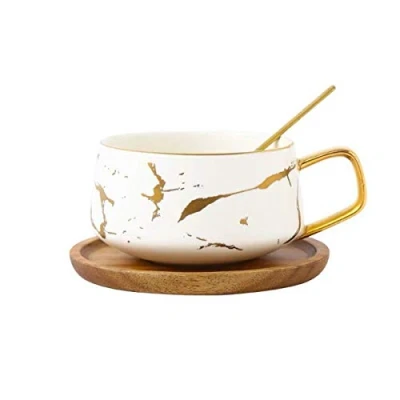 Image de YBK Tech Ensemble tasse à thé en porcelaine pour de l&#039;après midi Motif marbre (blanc, court 300 ml + soucoupe bois)